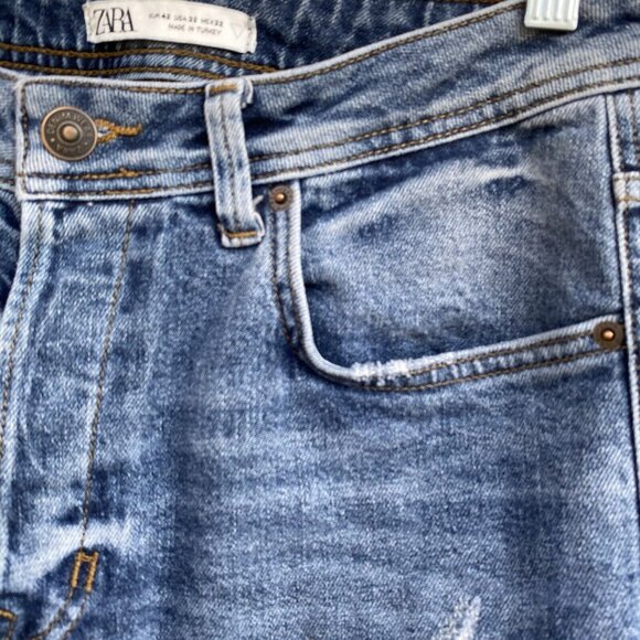 Zara High Rise Jeans Women 32 Distressed Ripped Button Fly Tapered Med Wash - Picture 11 of 16
